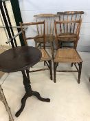 Pair of rustic spindle back chairs with turned legs and circular wooden seats, along with two cane