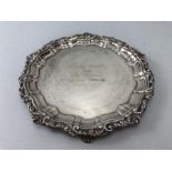 Solid Silver engraved tray on three scroll feet Hallmarked Birmingham by maker Joseph Gloster Ltd