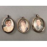 Three original watercolour miniatures in Gold coloured frames to include a lady, gentleman and