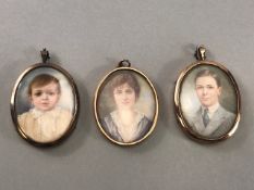 Three original watercolour miniatures in Gold coloured frames to include a lady, gentleman and