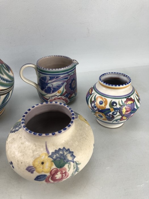 Five pieces of Poole pottery comprising three vases, jug and bowl. Includes XA design vase (approx - Image 3 of 15