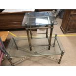 Brass framed coffee table, approx 110cm x 56cm x 45cm tall and a matching brass framed side table