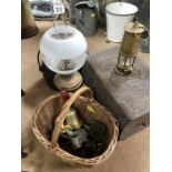 Eccles Type 6 'M & Q' Miners Lamp and a collection of vintage items to include brass bell, oil lamp,