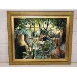 Large oil on canvas of a French Menton outdoor café society scene approx 91 x 72cm, signed Danes,