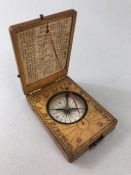 Miniature wooden cased sun dial and compass, approx 6cm x 4.5cm x 1.5cm