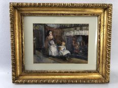 Original watercolour depicting a child sewing by the fireplace with Grandmother, approx 25cm x 19cm