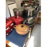 Large collection of kitchen equipment to include Le Creuset, pans, utensils, DeLonghi toaster etc