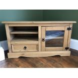 Pine low TV stand with drawers and cupboard