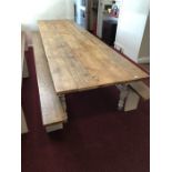 Very large rustic five plank dining table with two benches on turned painted legs, approx 381cm x
