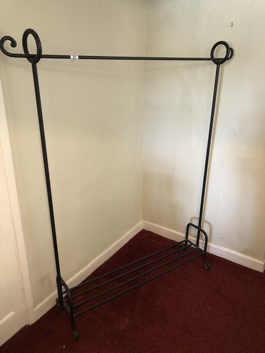 Wrought iron hanging rail with shoe rack, approx 145cm in length