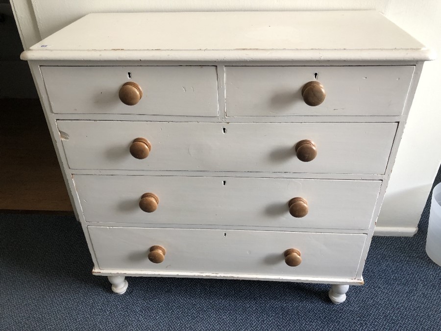 White painted pine chest of five drawers (bed 8)