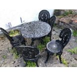 Painted metal garden table and five chairs