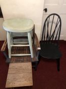 Wooden items to include, two chairs, a stool and a side table