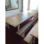 Very large rustic five plank dining table with two benches on turned painted legs, approx 381cm x