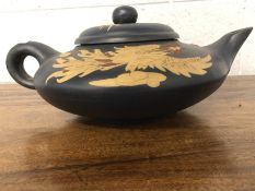 Very large Chinese Yixing pottery clay teapot with peacock and dragon on blue ground with stamp to