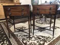 Pair of Edwardian side tables with two drawers and cross stretcher, each approx 46cm x 31cm x 68cm