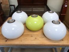 Set of five Mid Century, retro, imitation light shades (plastic) four in white, one in lime green