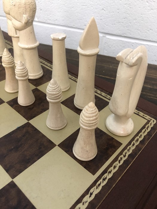 Chess set with soap stone pieces on a wooden board, approx 52cm x 52cm - Image 11 of 13