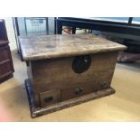 Heavy Chinese marriage chest with metal fixings and three drawers under, approx 98cm x 65cm x 60cm