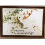 Chinese framed watercolour depicting Koi Carp with three Chinese red character marks, approx 49cm