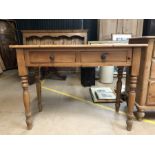 Small pine console table with two drawers and turned legs, approx 106cm x 46cm x 78cm tall