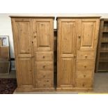 Pair of small pine wardrobes with hanging space, cupboard and four drawers, each approx 89cm x