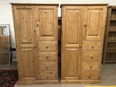 Pair of small pine wardrobes with hanging space, cupboard and four drawers, each approx 89cm x