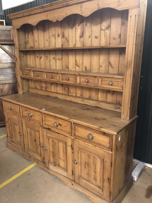 Large pine kitchen dresser with multiple drawers and cupboards under, approx 184cm x 48cm x 193cm - Image 2 of 10