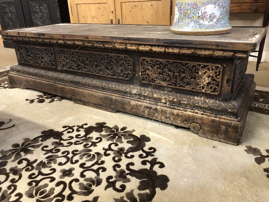 Pair of large, low heavily carved Chinese tables, each approx 177cm x 61cm x 45cm tall - Image 10 of 28