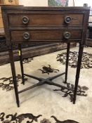 Single Edwardian side table with two drawers and cross stretcher, approx 45cm x 30cm x 67cm tall