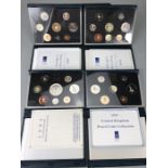 Four sets of Royal Mint United Kingdom Proof Collection leather bound Coin sets 1991, 1993, 1994 &