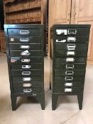 Set of two flights of ten slim metal drawers, one labelled Store All Steel , approx 29cm x 39cm x