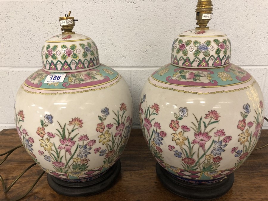 Pair of Chinese ceramic lamp bases with floral design, each approx 44cm in height