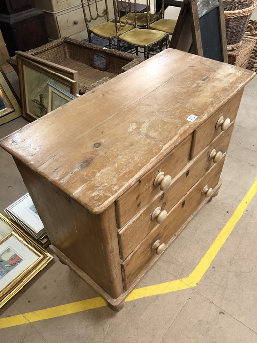 Antique pine chest of four drawers on turned feet, approx 100cm x 46cm x 85cm tall - Image 4 of 5