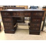 Twin pedestal desk with blue inlaid top and nine drawers, approx 121cm x 61cm x 77cm tall (A/F)