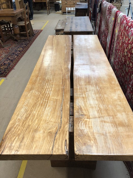 Large contemporary solid wood dining table with two plank top and single stretcher, approx 195cm x - Image 6 of 8