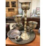 Collection of Oriental / Eastern metal ware to include tray, censors, pot stand etc