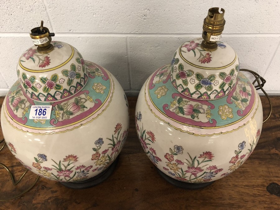 Pair of Chinese ceramic lamp bases with floral design, each approx 44cm in height - Image 2 of 8