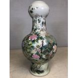 Very large Chinese ceramic double gourd shaped vase depicting chrysanthemums, blossom, birds over