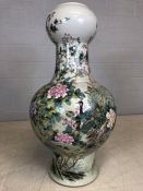 Very large Chinese ceramic double gourd shaped vase depicting chrysanthemums, blossom, birds over