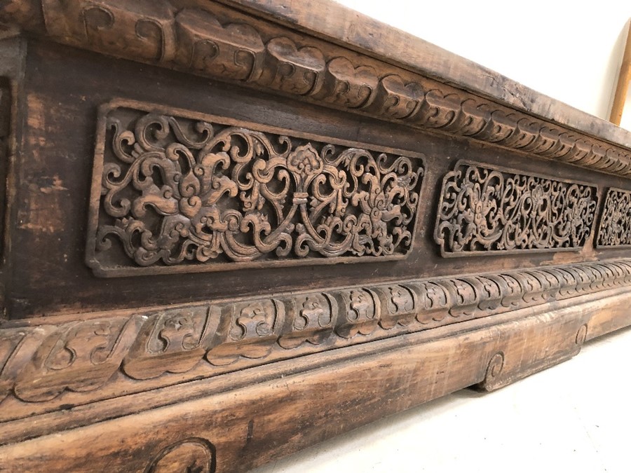 Pair of large, low heavily carved Chinese tables, each approx 177cm x 61cm x 45cm tall - Image 22 of 28