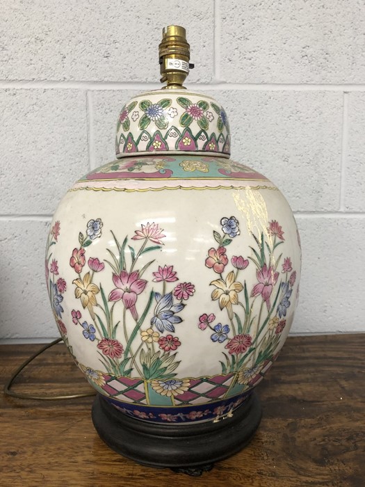 Pair of Chinese ceramic lamp bases with floral design, each approx 44cm in height - Image 6 of 8