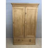 Antique pine two drawer wardrobe with large drawer to base, approx 120cm x 53cm x 208cm tall
