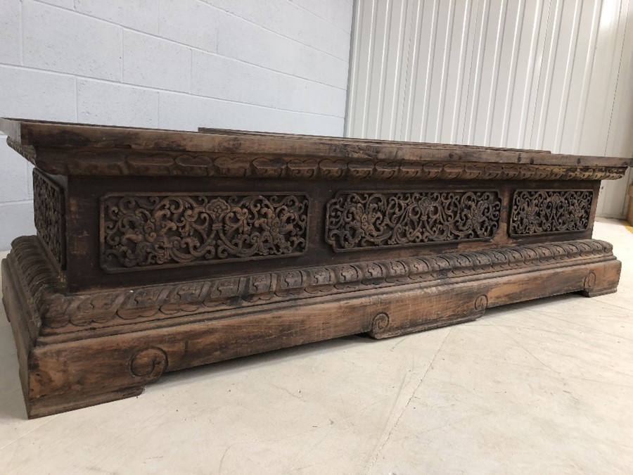 Pair of large, low heavily carved Chinese tables, each approx 177cm x 61cm x 45cm tall - Image 21 of 28