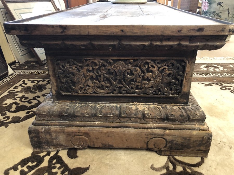 Pair of large, low heavily carved Chinese tables, each approx 177cm x 61cm x 45cm tall - Image 6 of 28