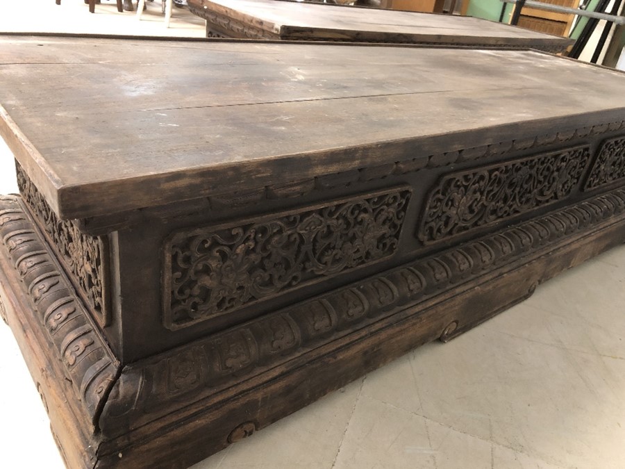 Pair of large, low heavily carved Chinese tables, each approx 177cm x 61cm x 45cm tall - Image 26 of 28