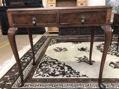 Small inlaid writing desk with two drawers on Queen Anne legs, approx 85cm x 46cm x 77cm tall