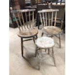 Pair of pine stick back chairs with circular seats along with a vintage pine stool