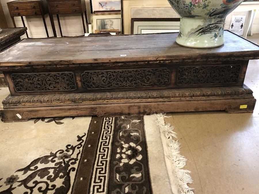 Pair of large, low heavily carved Chinese tables, each approx 177cm x 61cm x 45cm tall - Image 2 of 28