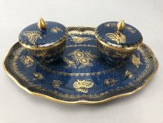 Copeland Spode double inkwell and integral stand, decorated in gilt against a blue ground, printed
